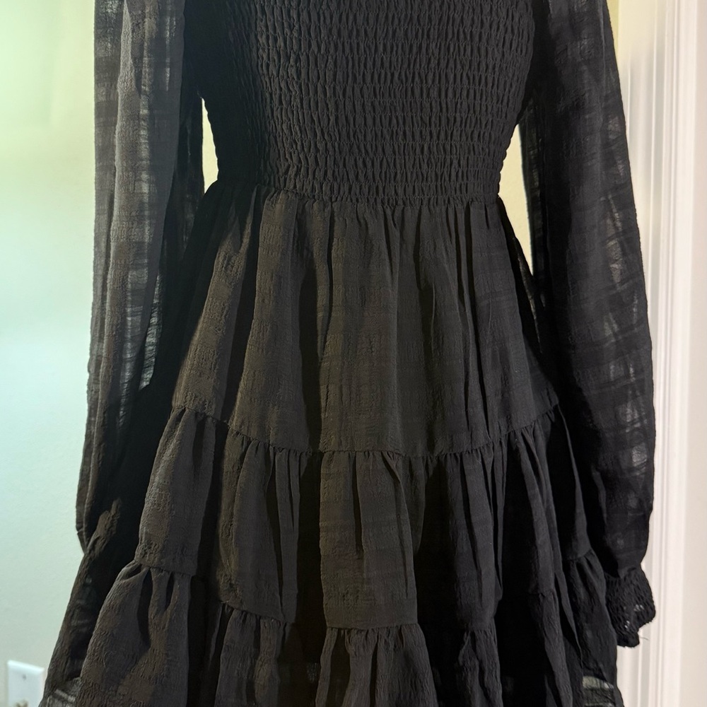 Urban Outfitters River Smocked Long Sleeve Mini Dress Small Babydoll Tiered Boho - Picture 12 of 16